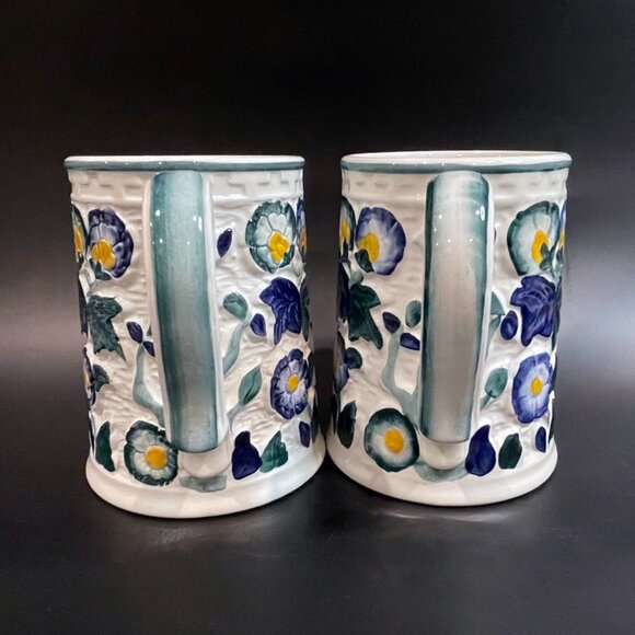 HJ Wood Staffordshire Pottery Tankards, Persian Blue, Floral Set of 2 England - Picture 4 of 7
